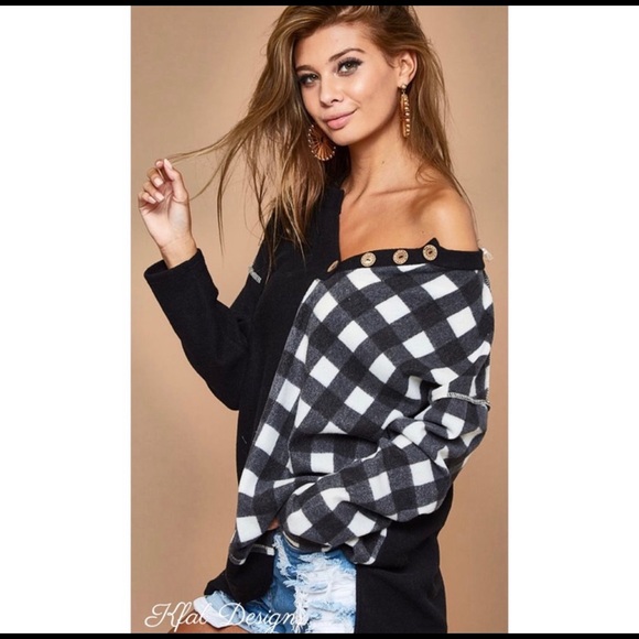 New! Sale 🔥Buffalo Plaid Soft Brushed Knit ColorBlock V Neck Button Top - Picture 3 of 14